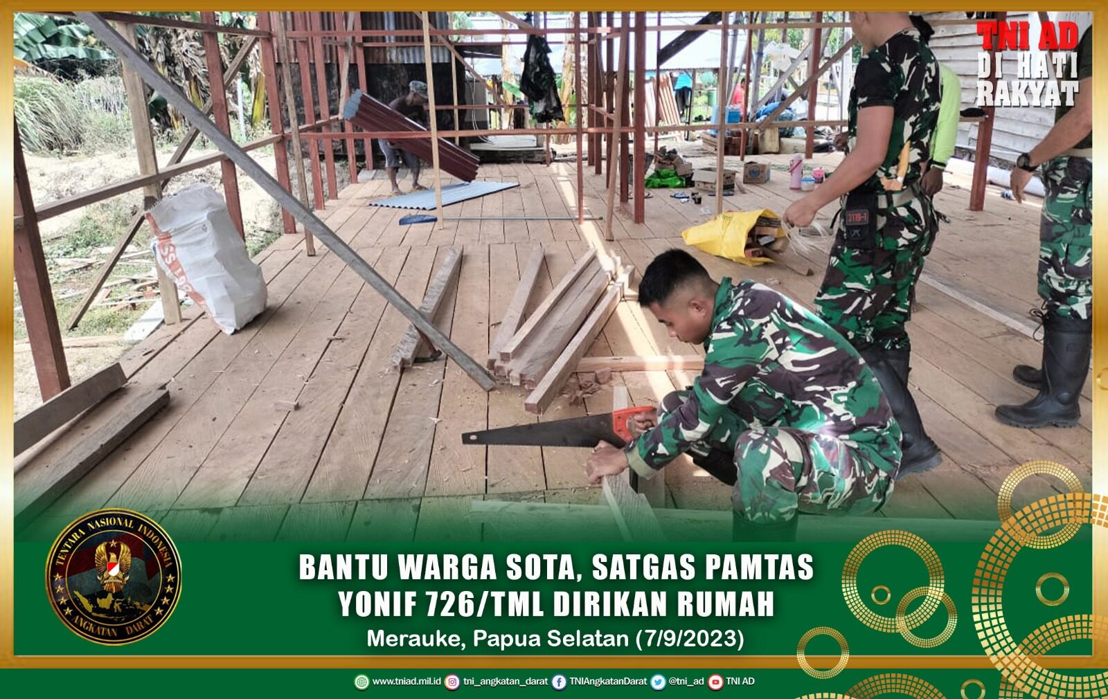 Bantu Warga Sota, Satgas Pamtas Yonif 726/Tml Dirikan Rumah