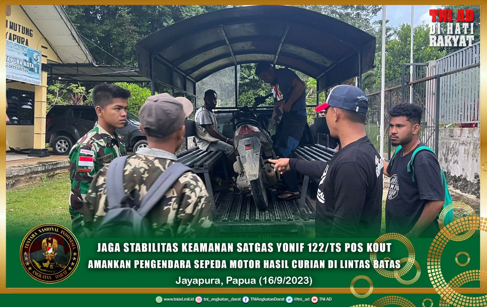 Jaga Stabilitas Keamanan Satgas Yonif 122/TS Pos Kout Amankan Pengendara Sepeda Motor hasil Curian Di Lintas Batas