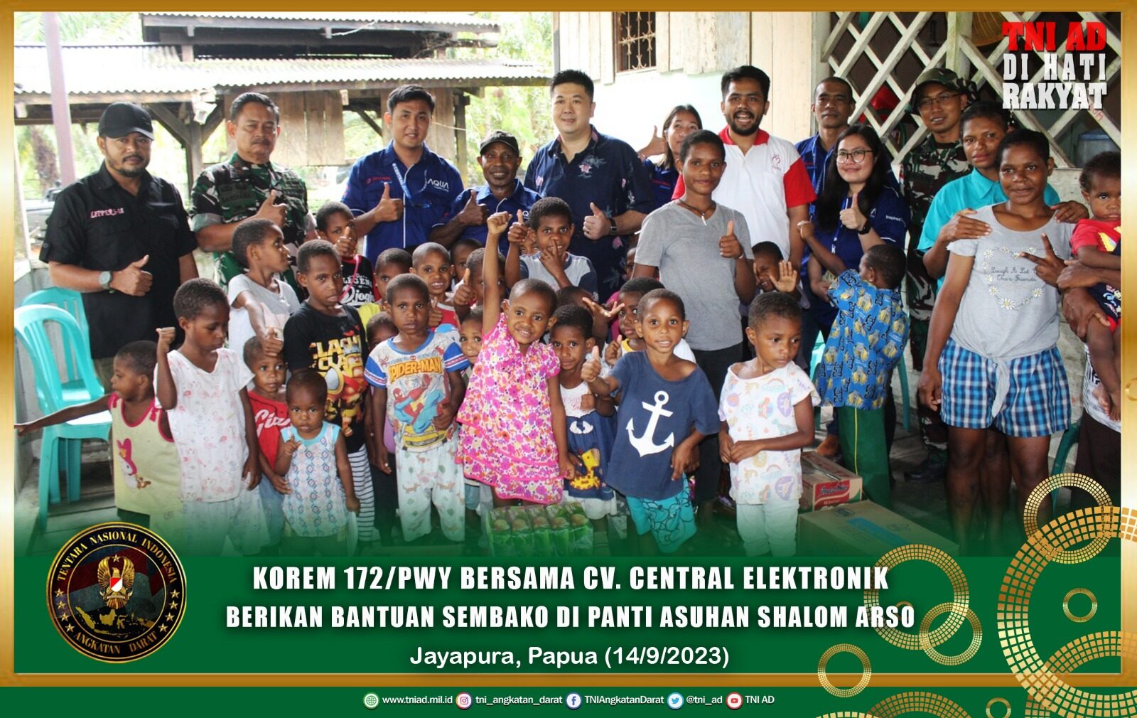 Korem 172/PWY Bersama CV. Central Elektronik Berikan Bantuan Sembako Di Panti Asuhan Shalom Arso