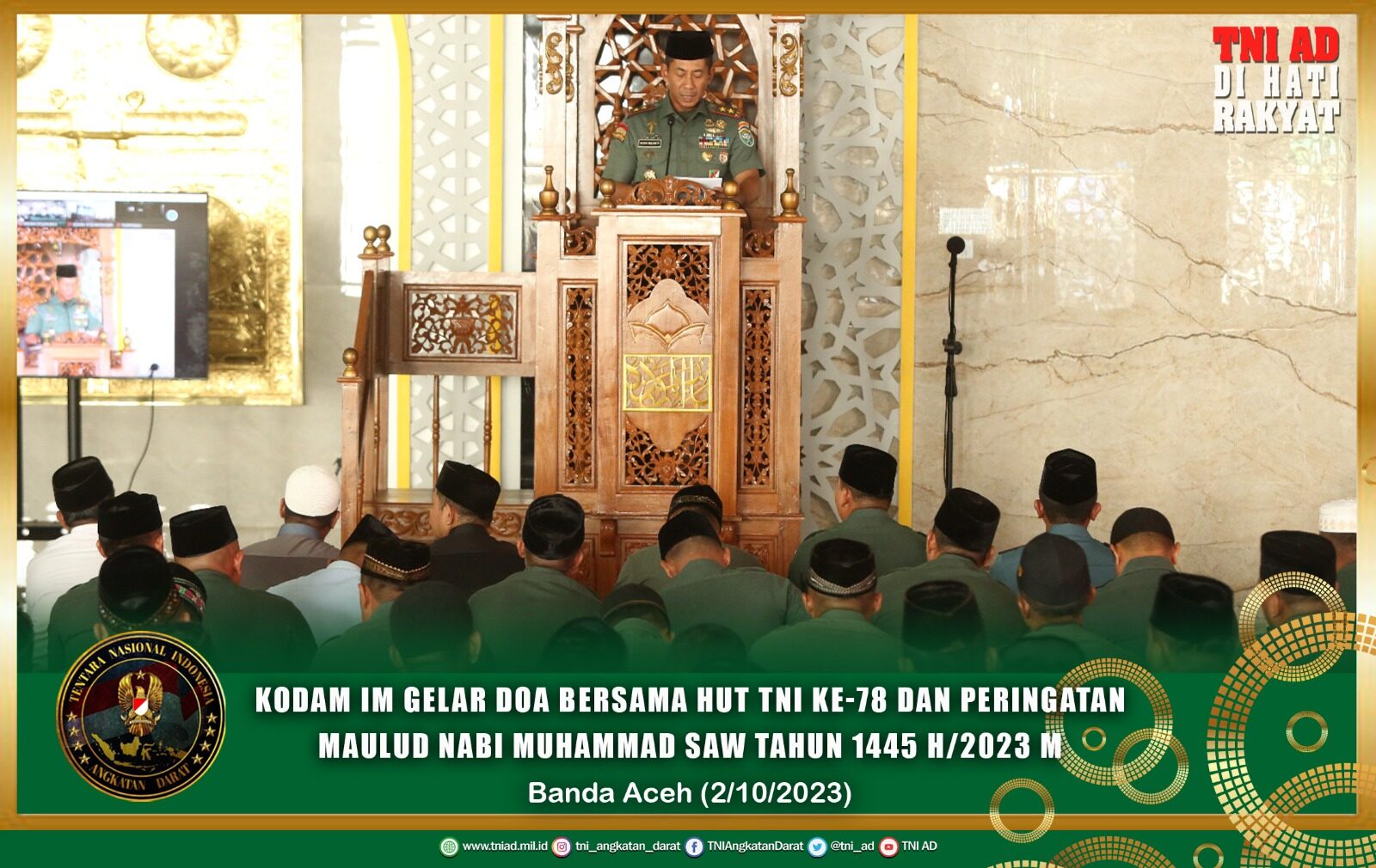 Kodam IM Gelar Doa Bersama HUT TNI Ke-78 dan Peringatan Maulid Nabi Muhammad SAW Tahun 1445 H/2023 M