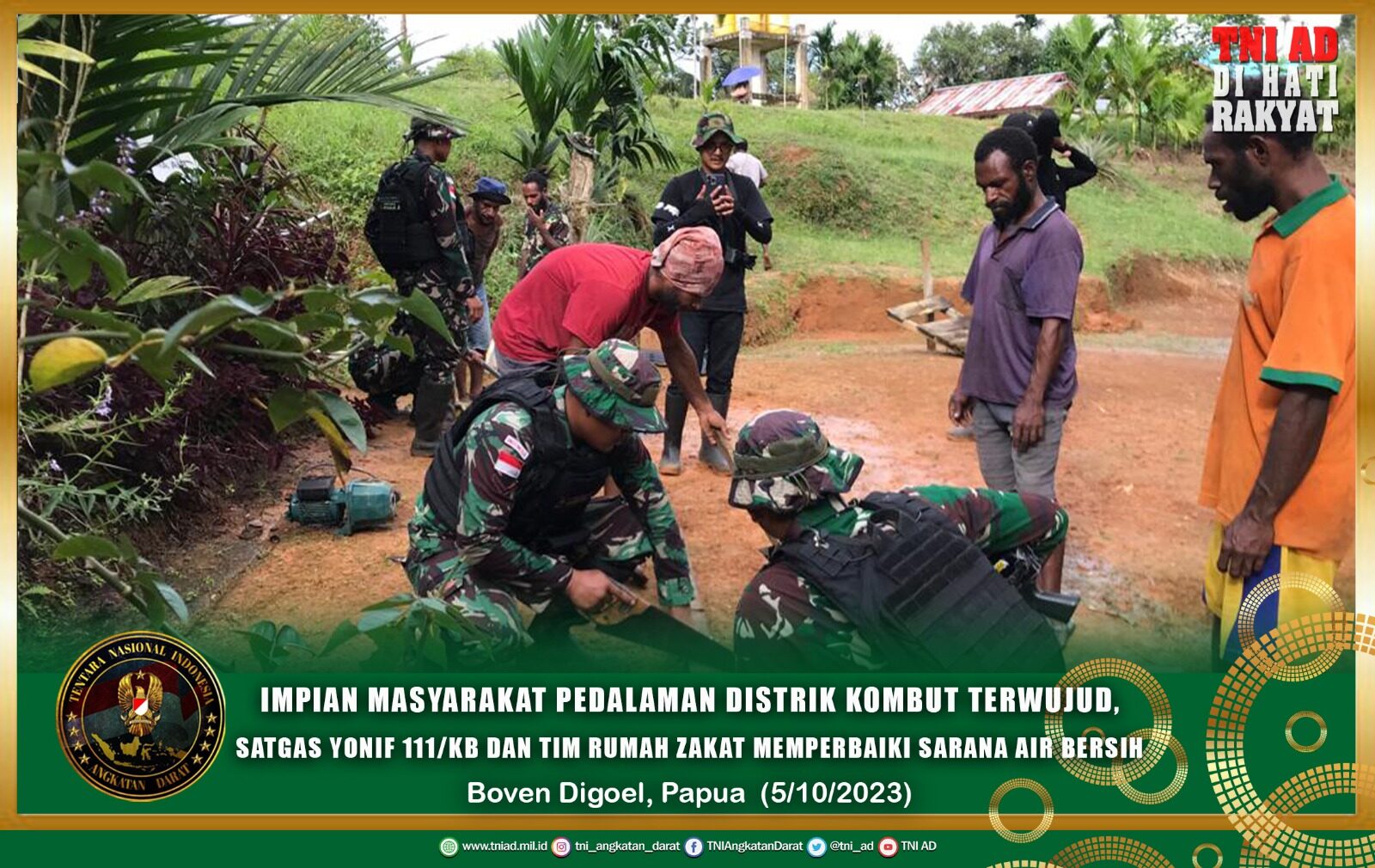 Impian Masyarakat Pedalaman Distrik Kombut Terwujud, Satgas Yonif 111/KB dan Tim Rumah Zakat Memperbaiki Sarana Air Bersih