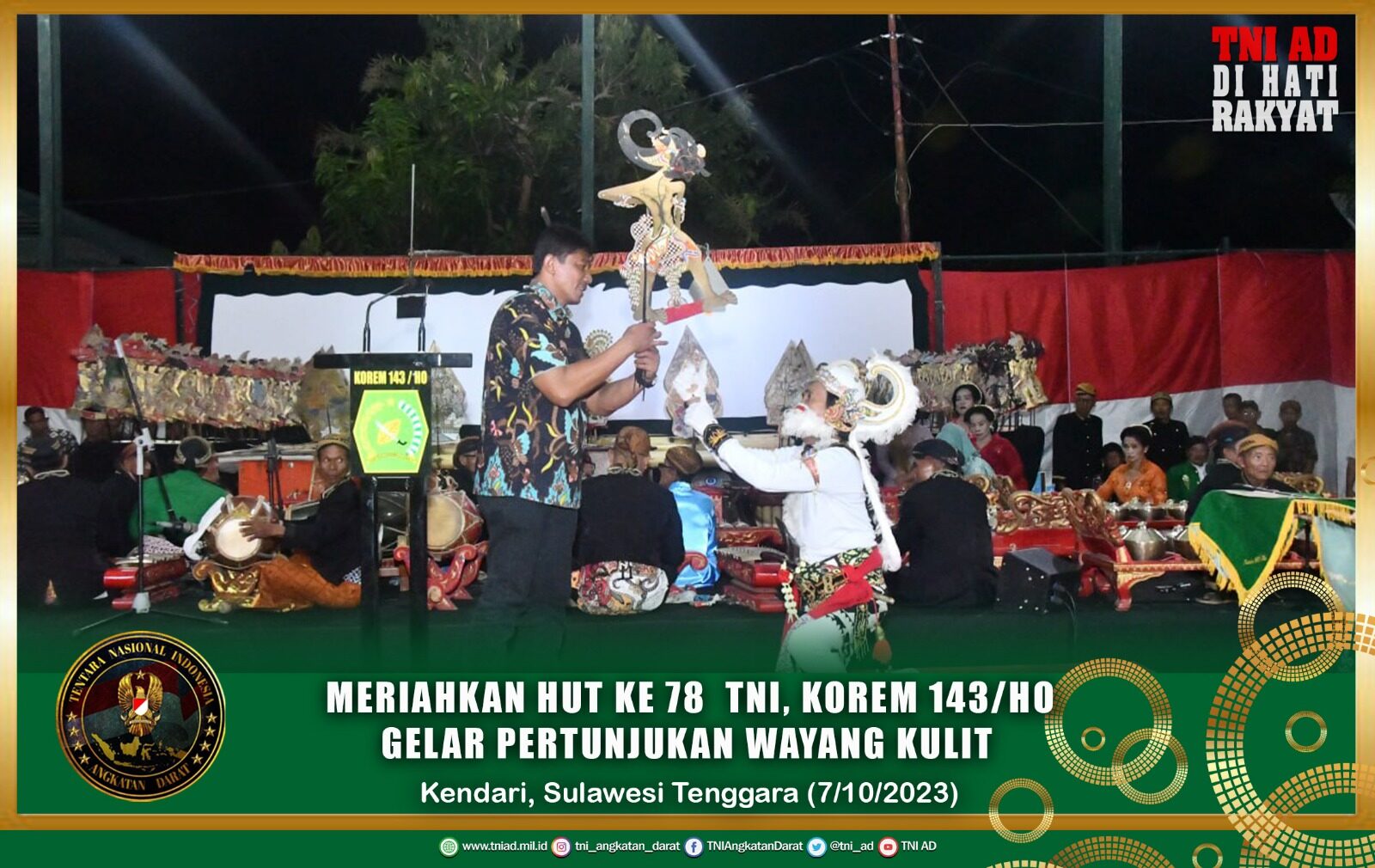 Meriahkan HUT TNI ke 78, Korem 143/HO Gelar Pertunjukan Wayang Kulit