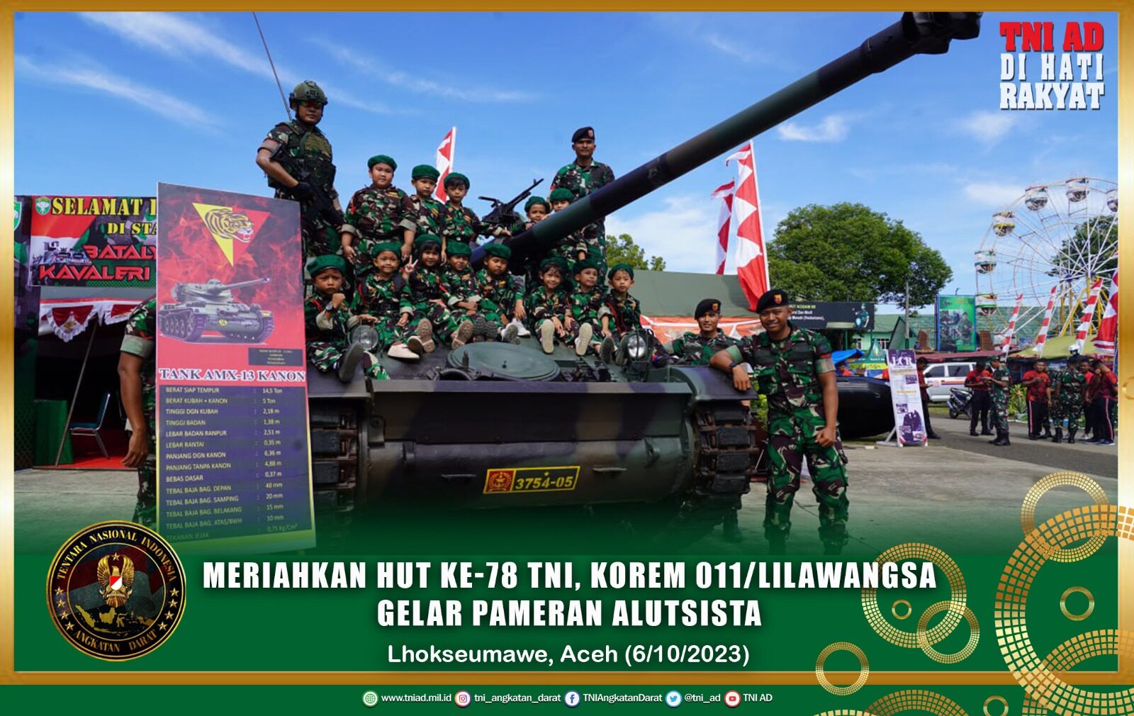 Meriahkan HUT Ke-78 TNI, Korem 011/Lilawangsa Gelar Pameran Alutsista