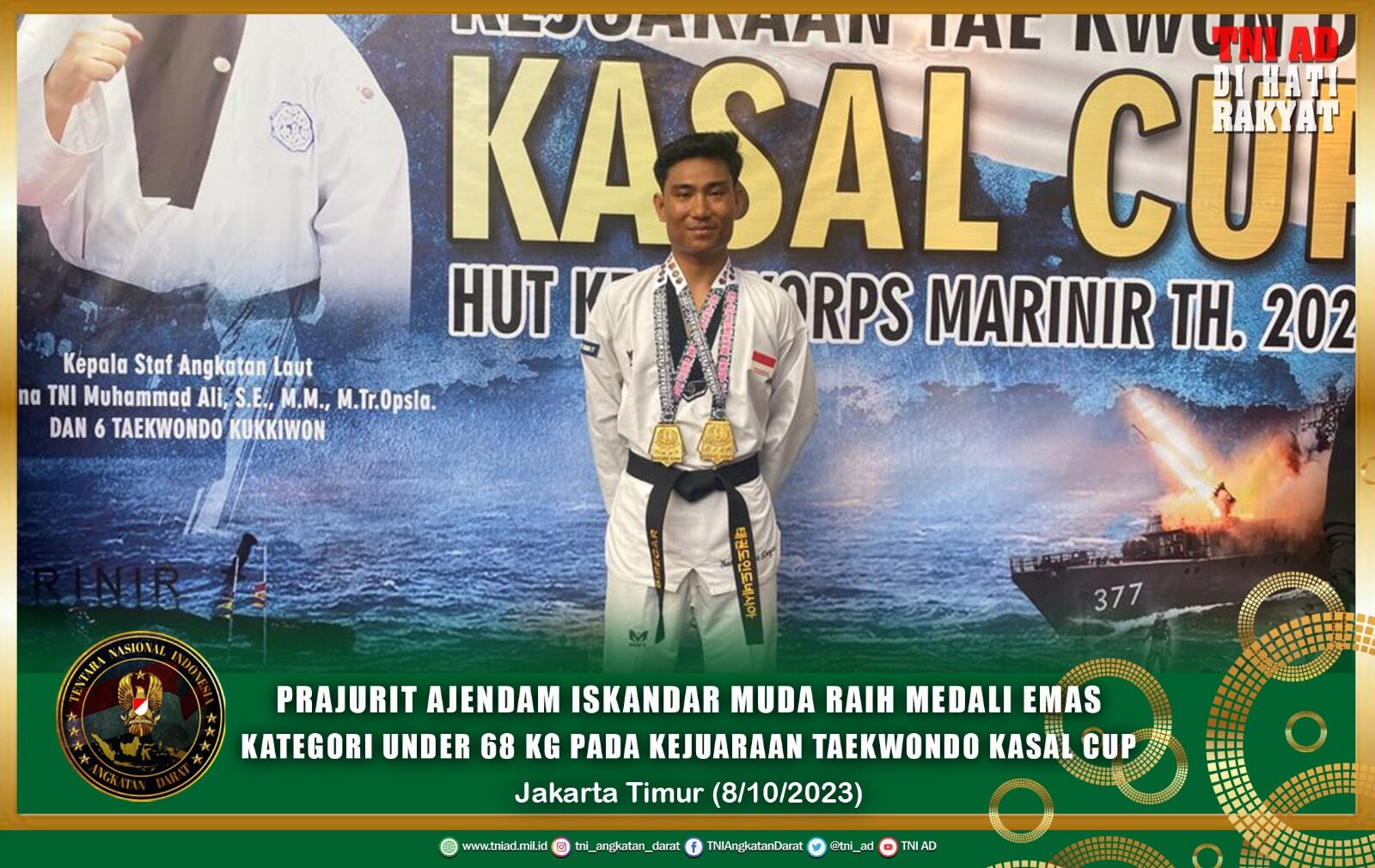 Prajurit Ajendam Iskandar Muda Raih Medali Emas Kategori Under 68 Kg Pada Kejuaraan Taekwondo Kasal Cup