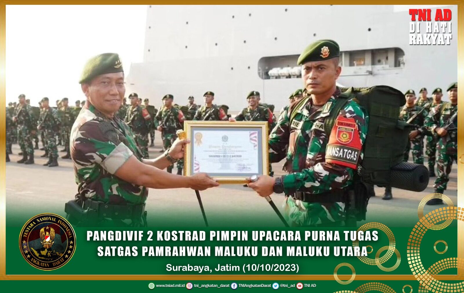 Pangdivif 2 Kostrad Pimpin Upacara Purna Tugas Satgas Pamrahwan Maluku dan Maluku Utara Yonarmed 1 Kostrad TA 2023