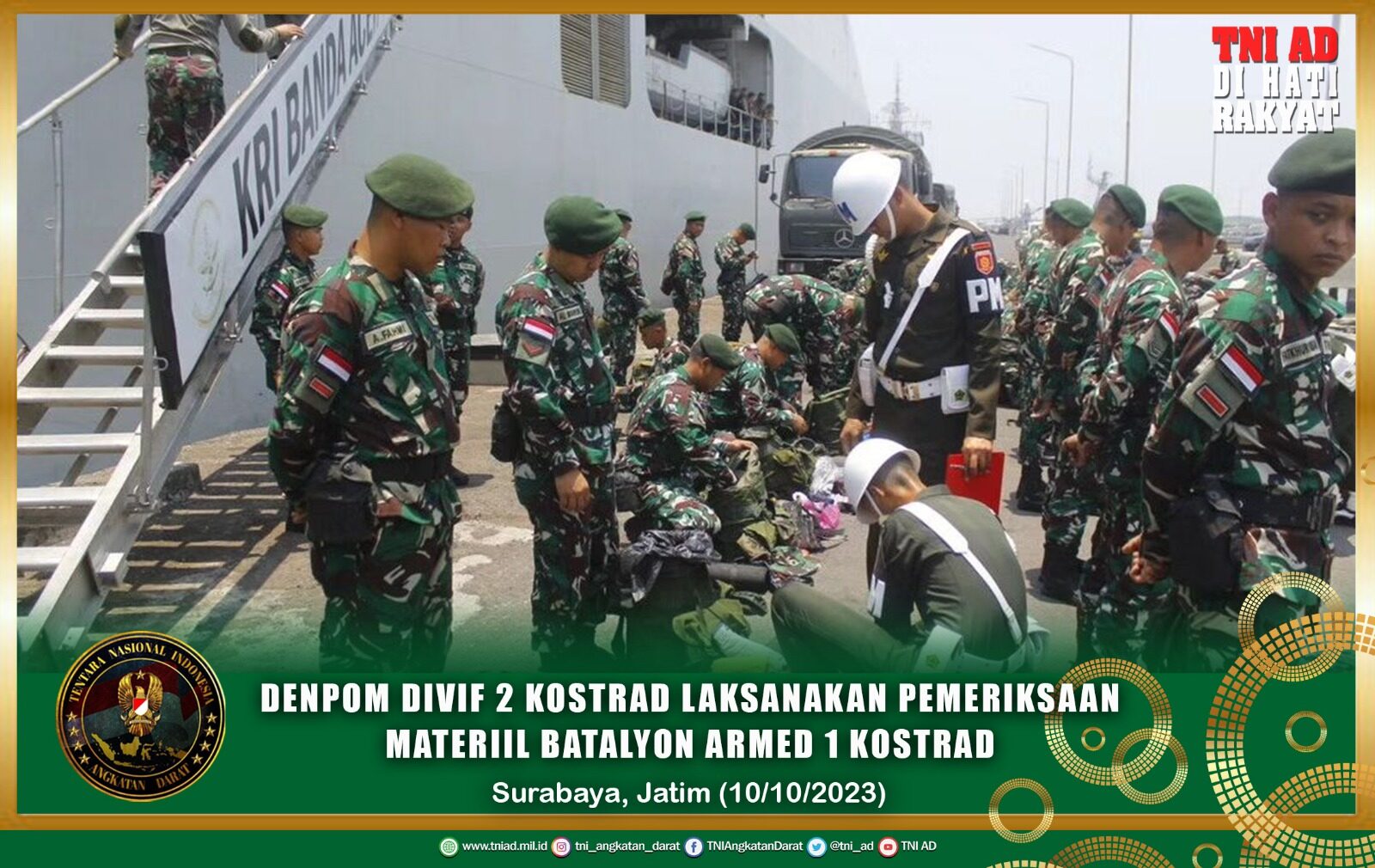 Denpom Divif 2 Kostrad Laksanakan Pemeriksaan Materiil Batalyon Armed 1 Kostrad Dalam Rangka Purna Tugas Pamrahwan Maluku