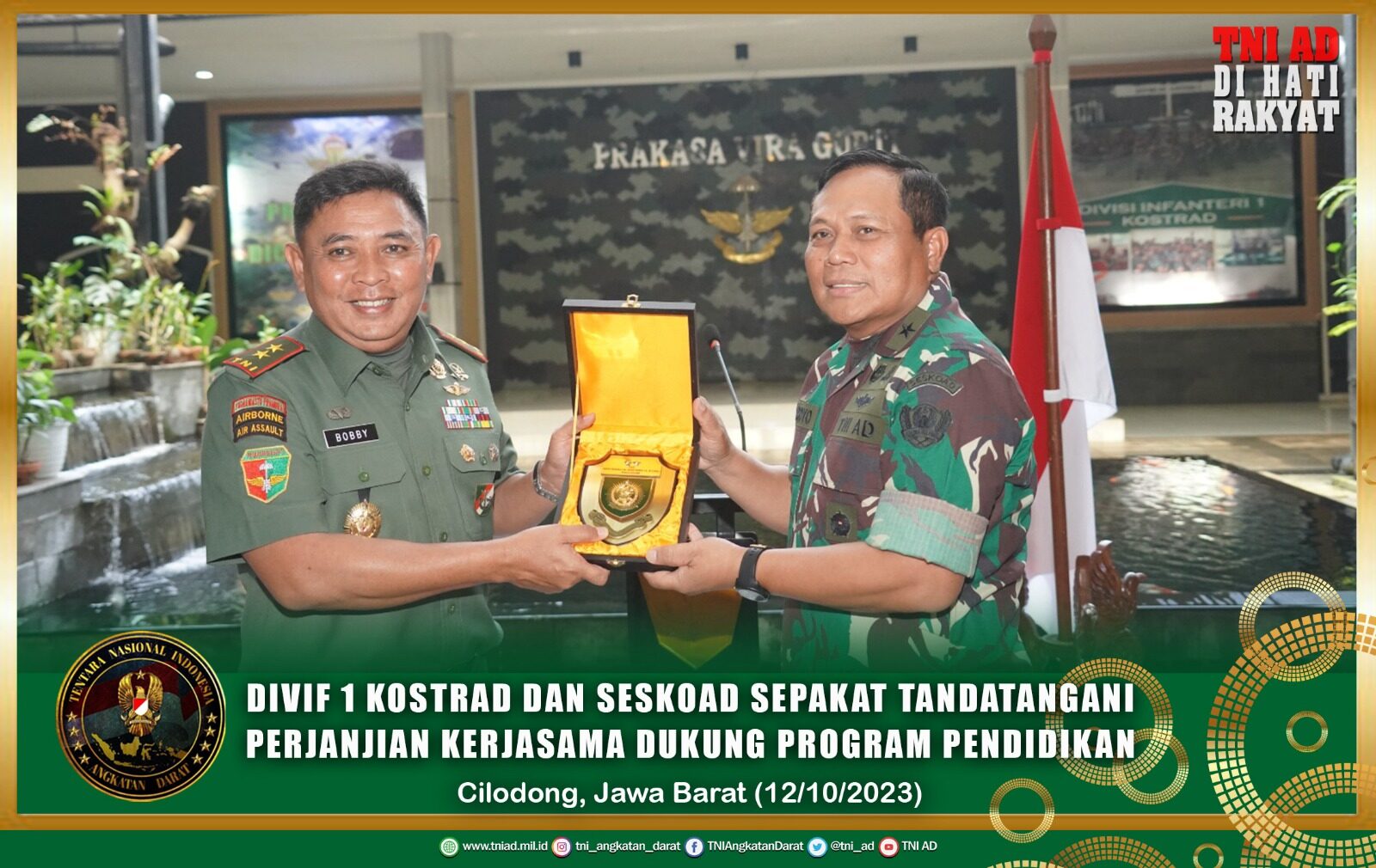 Divif 1 Kostrad dan Seskoad Sepakat Tandatangani Perjanjian Kerjasama Dukung Program Pendidikan