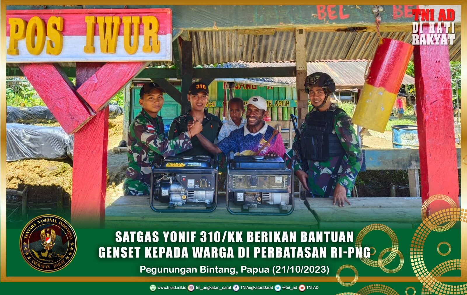 Satgas Yonif 310/KK Berikan Bantuan Genset Kepada Warga Di Perbatasan RI-PNG