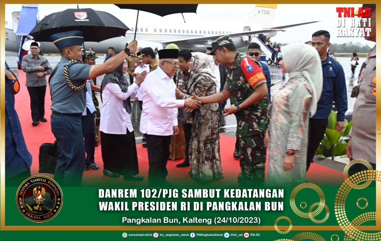 Danrem 102/Pjg Sambut Kedatangan Wakil Presiden RI di Pangkalan Bun