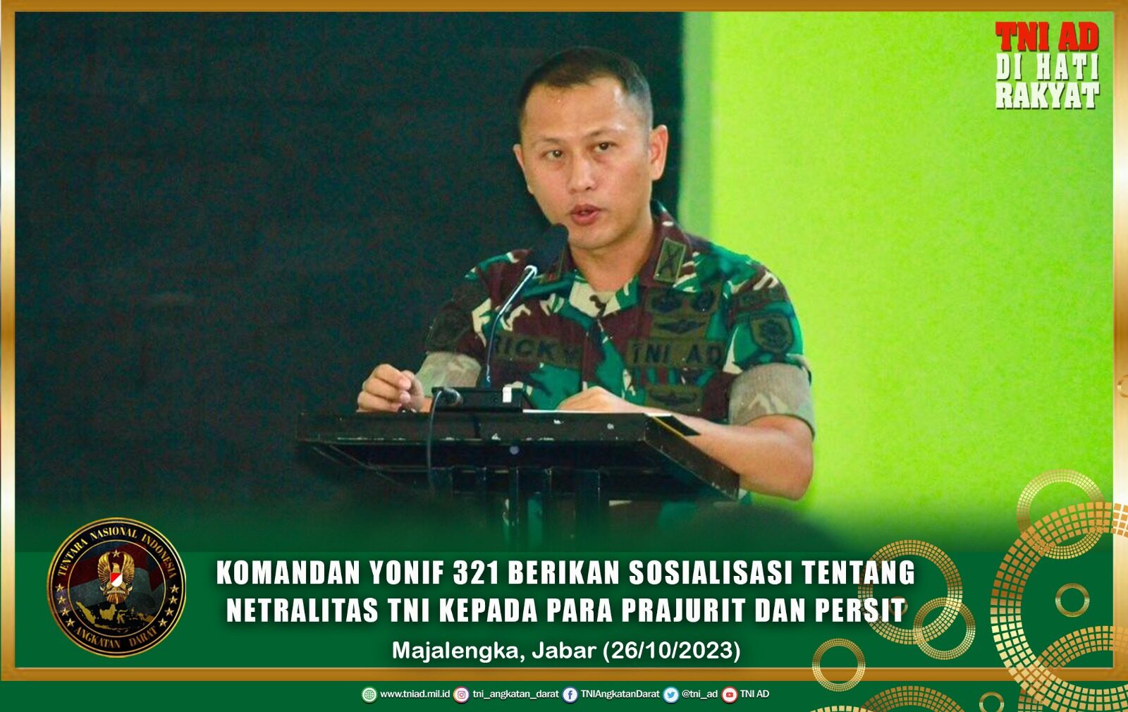 Komandan Yonif 321 Berikan Sosialisasi Tentang Netralitas TNI Kepada Para Prajurit dan Persit