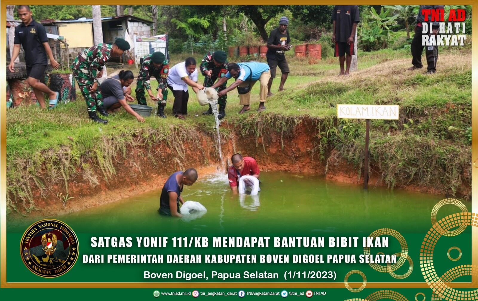 Satgas Yonif 111/KB Mendapat Bantuan Bibit Ikan Dari Pemerintah Daerah Kabupaten Boven Digoel Papua Selatan