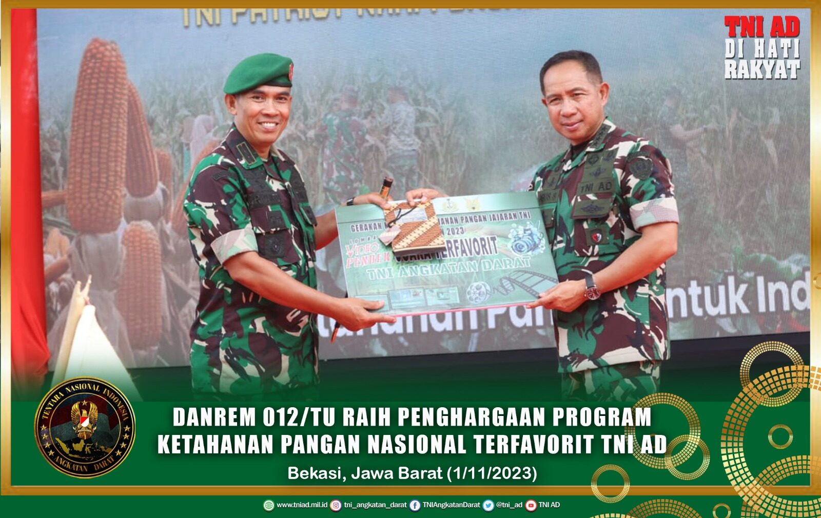 Danrem 012/TU Raih Penghargaan Program Ketahanan pangan Nasional Terfavorit TNI AD