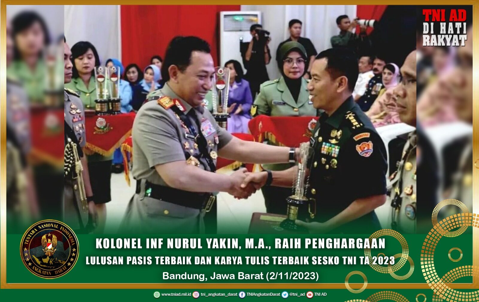 Kolonel Inf Nurul Yakin, M.A., Raih Penghargaan Lulusan Pasis Terbaik dan Karya Tulis Terbaik Sesko TNI TA 2023
