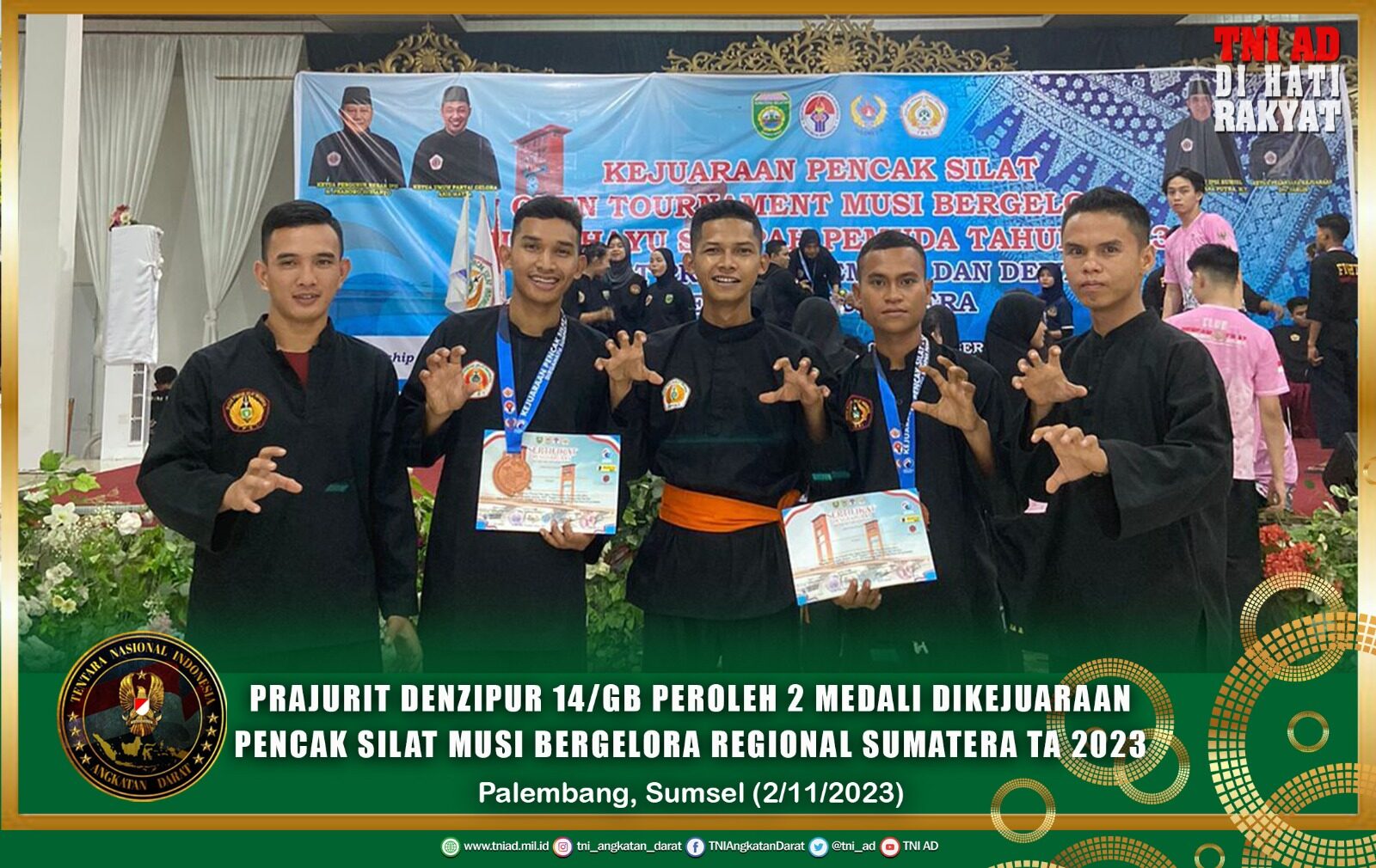 Prajurit Denzipur 14/GB Peroleh 2 Medali Dikejuaraan Pencak Silat Musi Bergelora Regional Sumatera TA 2023