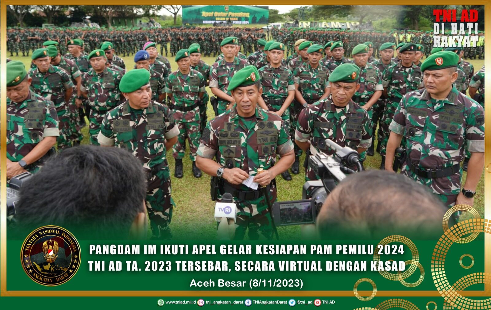 Pangdam IM Ikuti Apel Gelar Kesiapan Pam Pemilu 2024 TNI AD TA. 2023 Tersebar, Secara Virtual Dengan Kasad