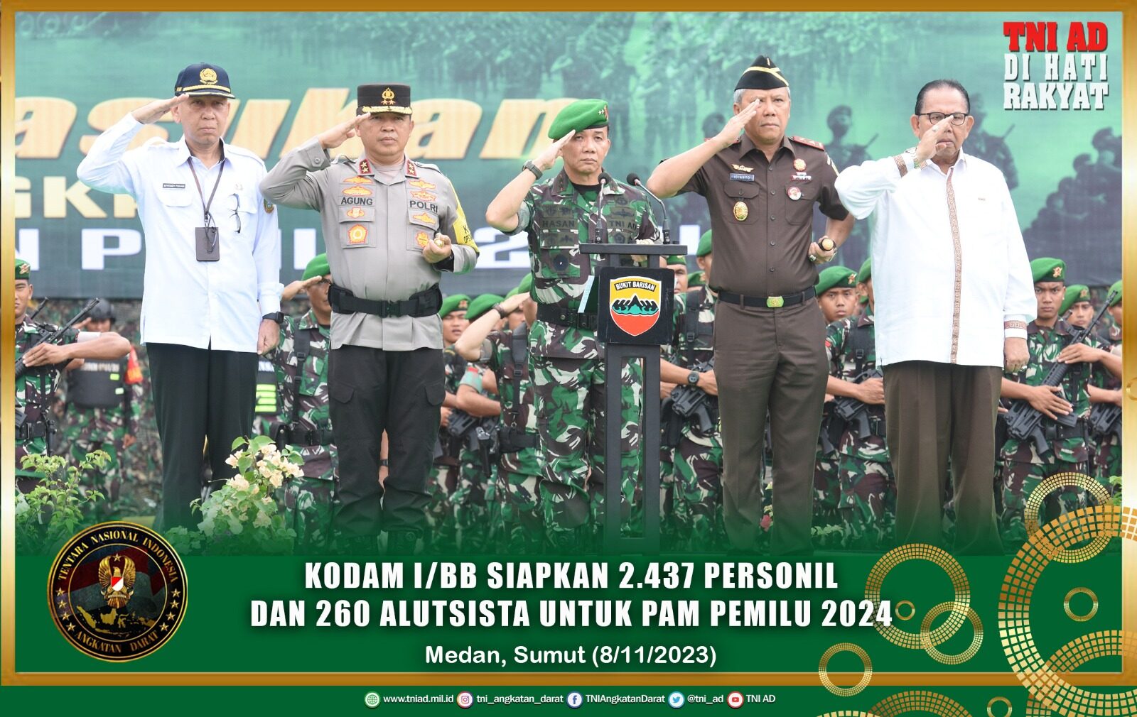 Kodam I/BB Siapkan 2.437 Personil dan 260 Alutsista untuk PAM Pemilu 2024
