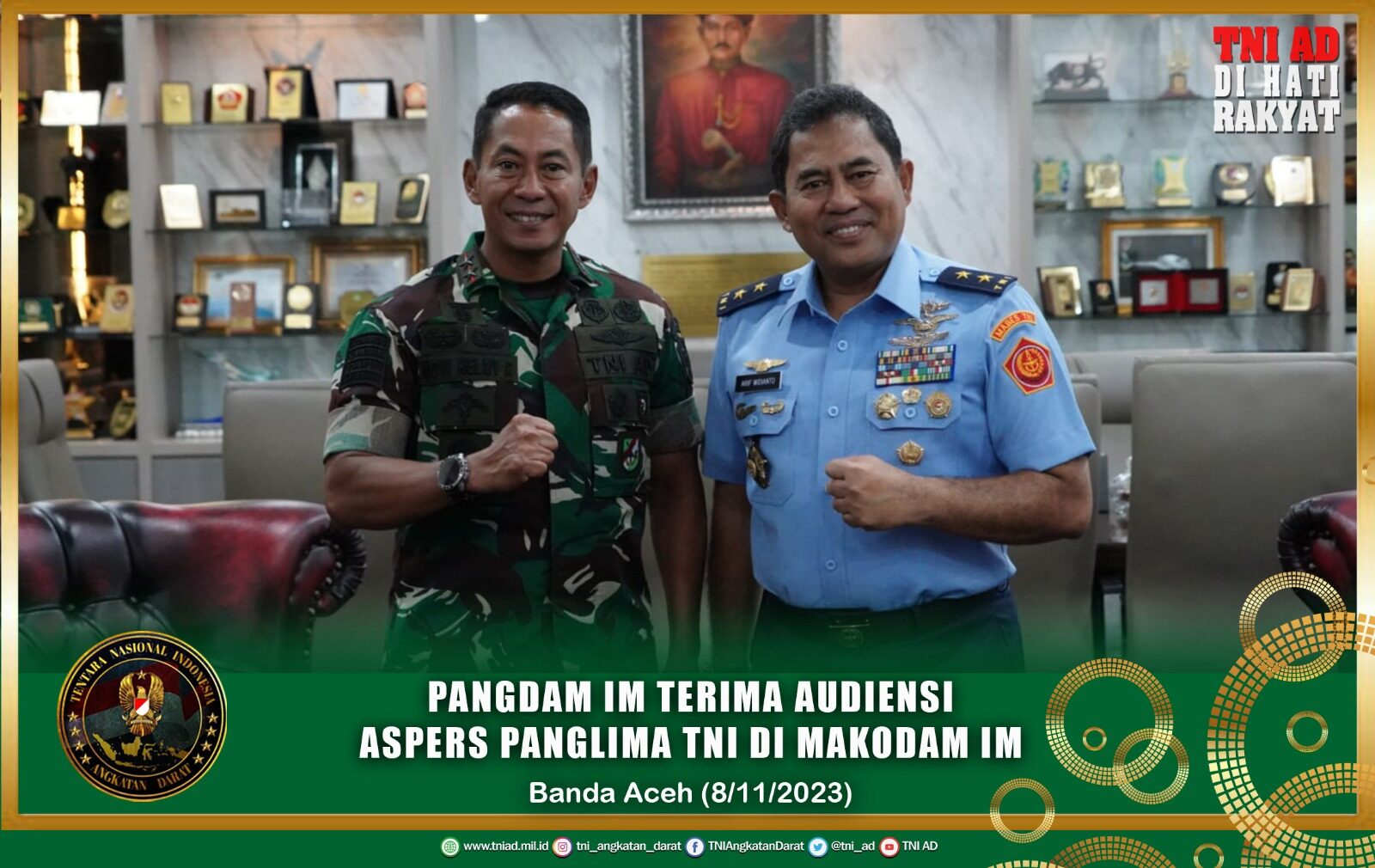 Pangdam IM Terima Audiensi Aspers Panglima TNI di Makodam IM