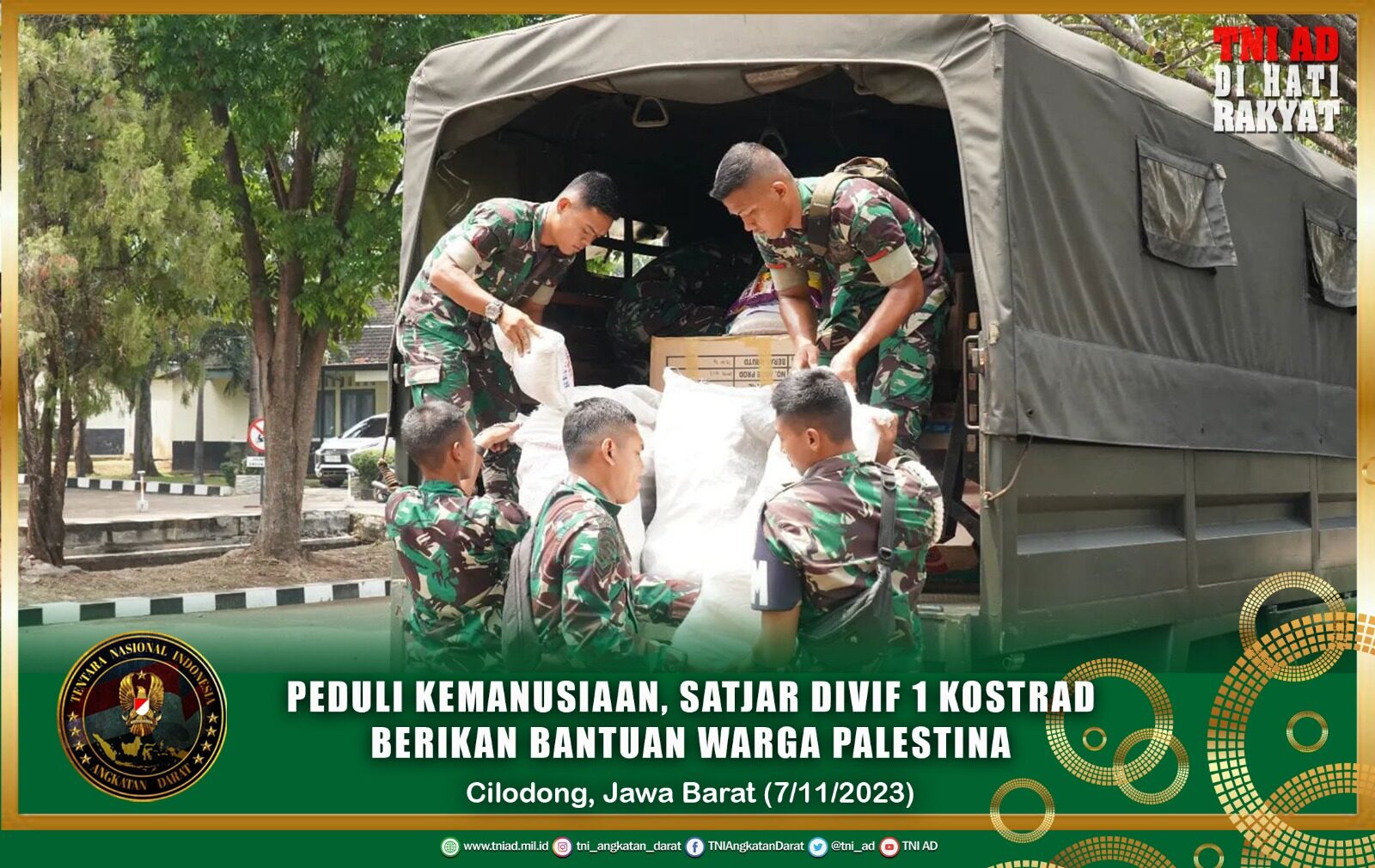 Peduli Kemanusiaan, Satjar Divif 1 Kostrad Berikan Bantuan Warga Palestina