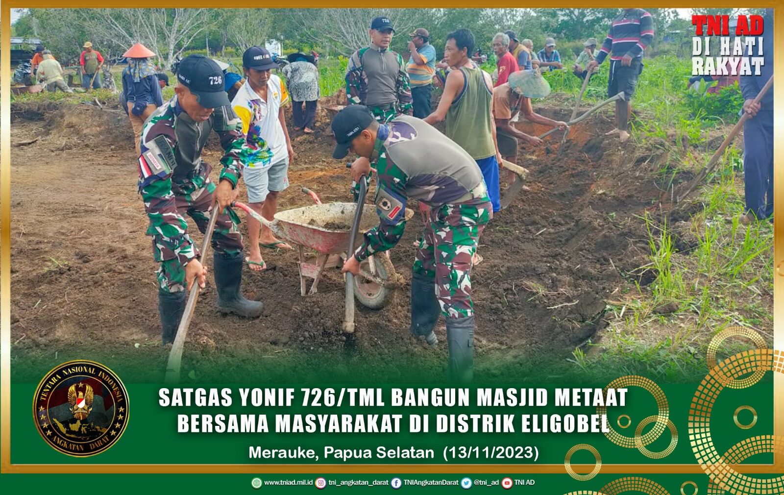 Satgas Yonif 726/TML Bangun Masjid Metaat Bersama Masyarakat di Distrik Eligobel