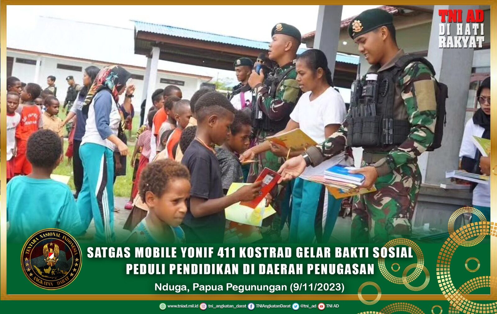 Peringati Hari Pahlawan, Satgas Mobile Yonif 411 Kostrad Gelar Bakti Sosial Peduli Pendidikan di Daerah Penugasan
