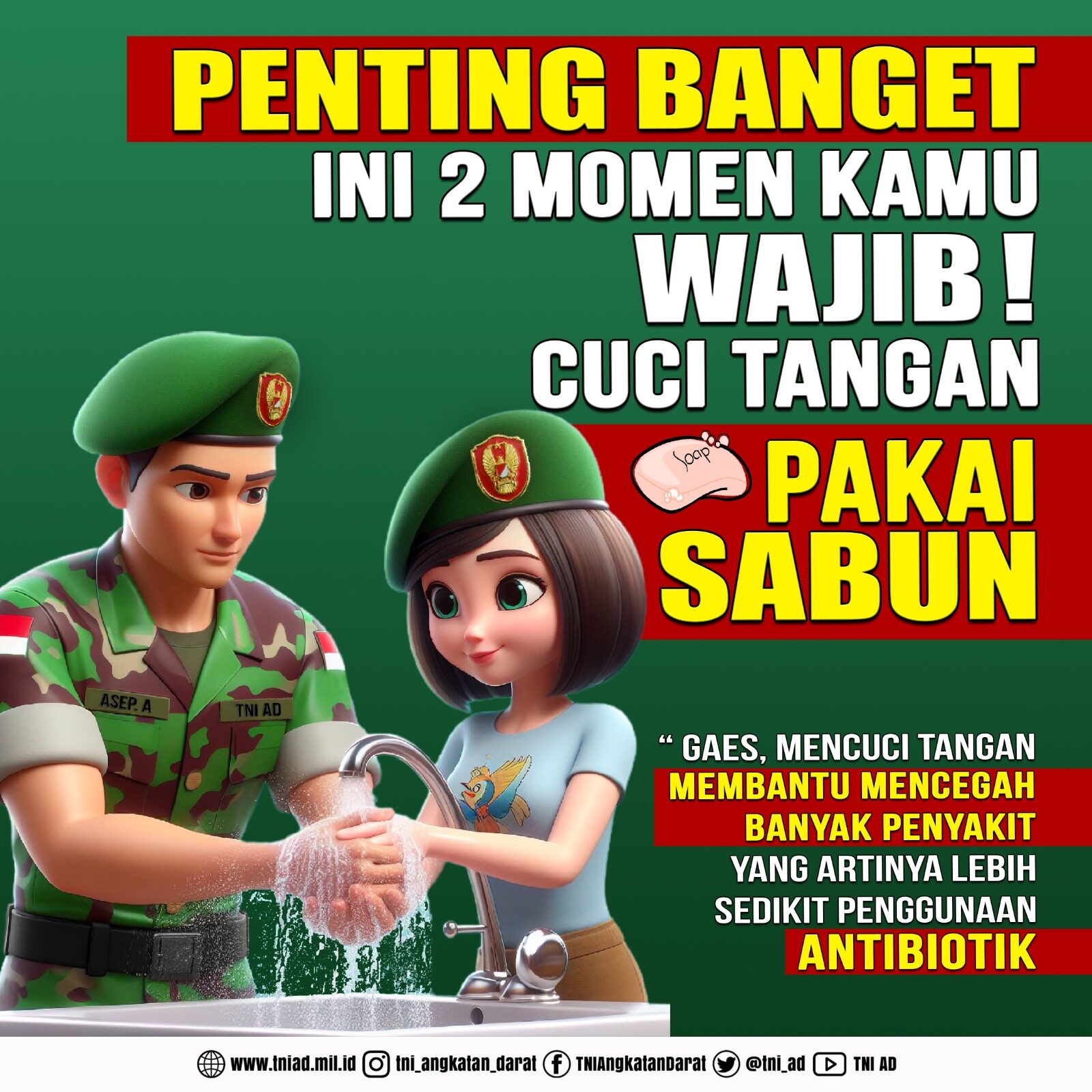 Kebersihan dimulai dari tindakan sederhana seperti mencuci tangan. Jaga kesehatanmu, cuci tanganmu dengan sabun dan air mengalir secara teratur.